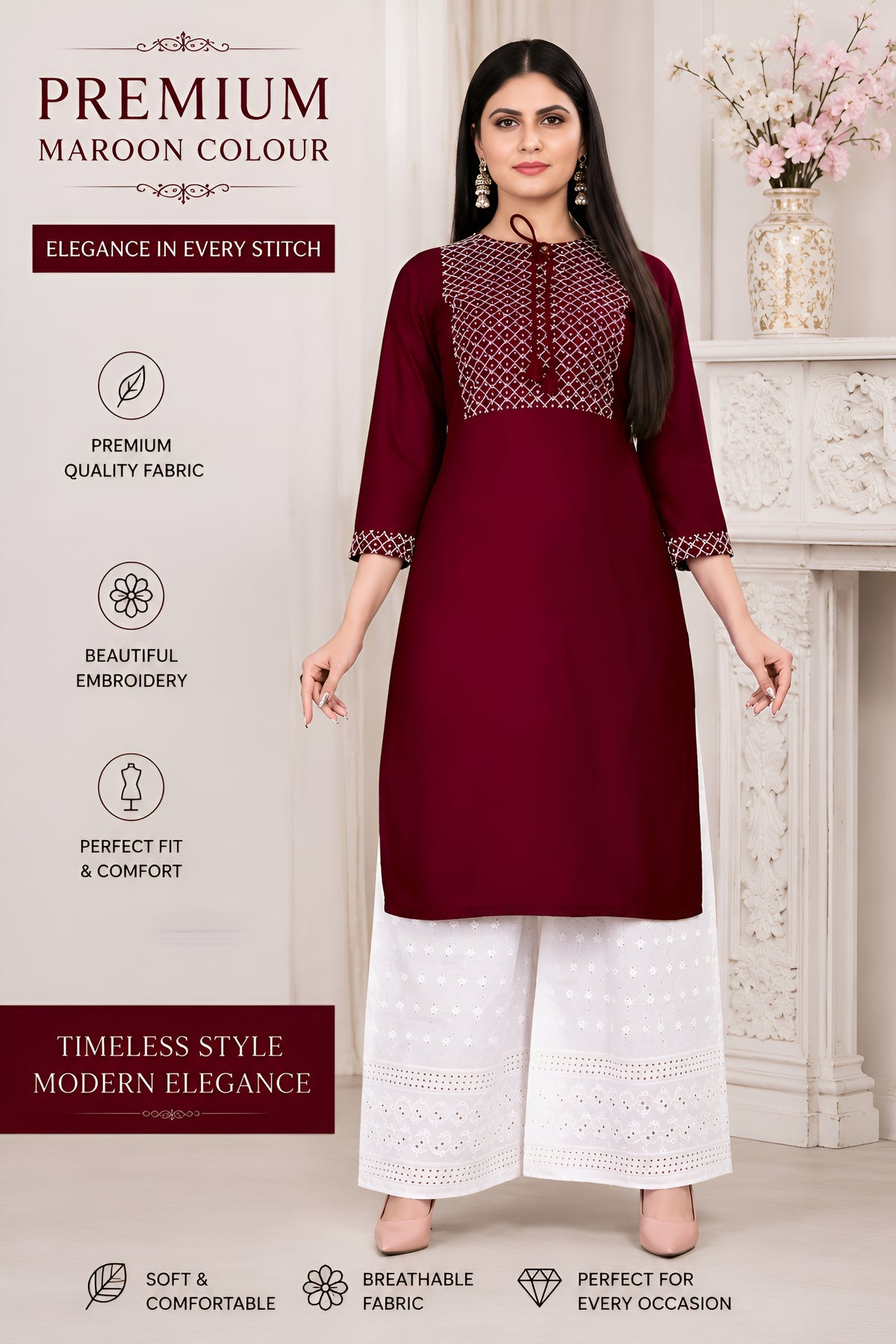 Premium Maroon Embroidered Kurti | Elegant Women’s Ethnic Wear