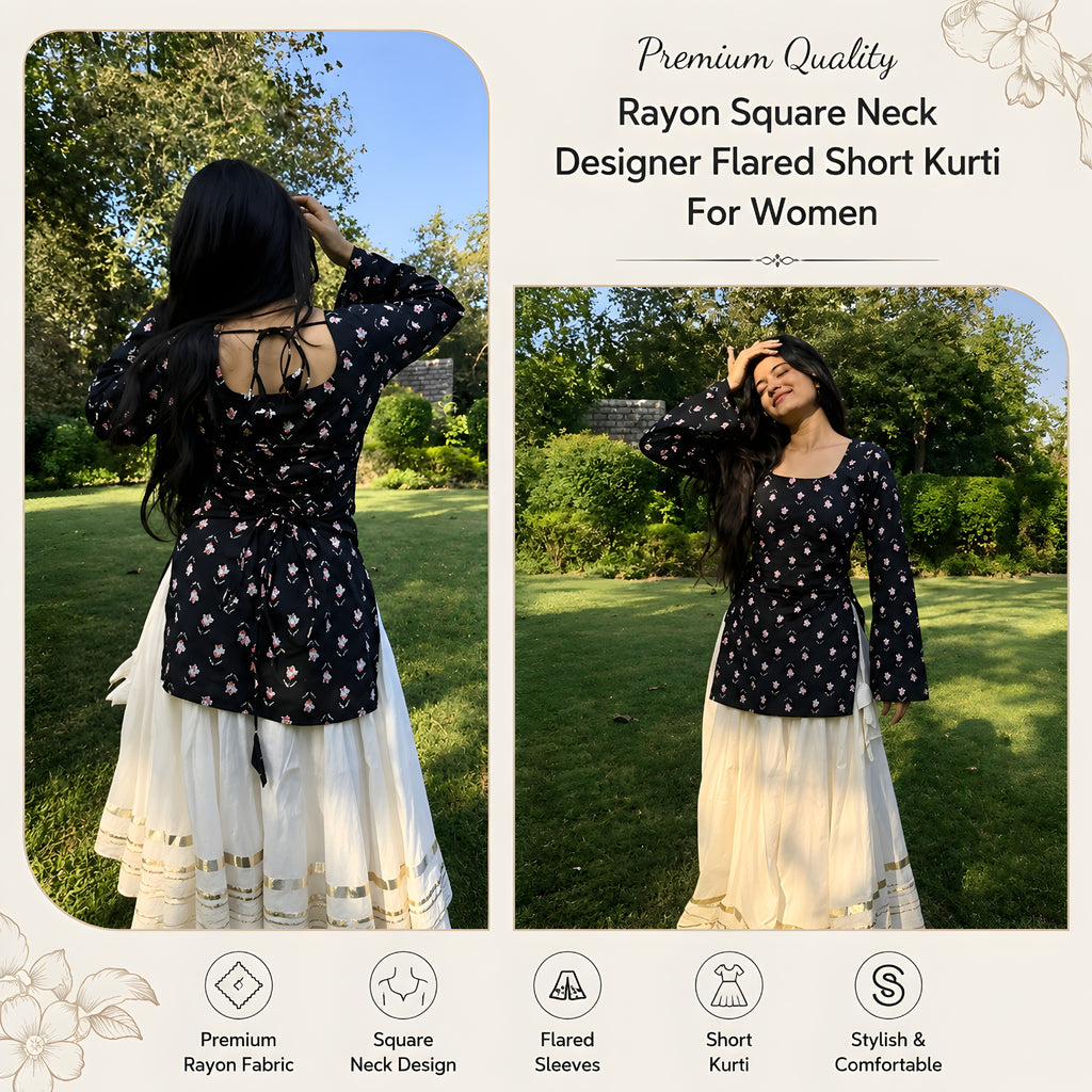 Premium Quality Rayon Square Neck Designer Flared Short Kurti for Women
