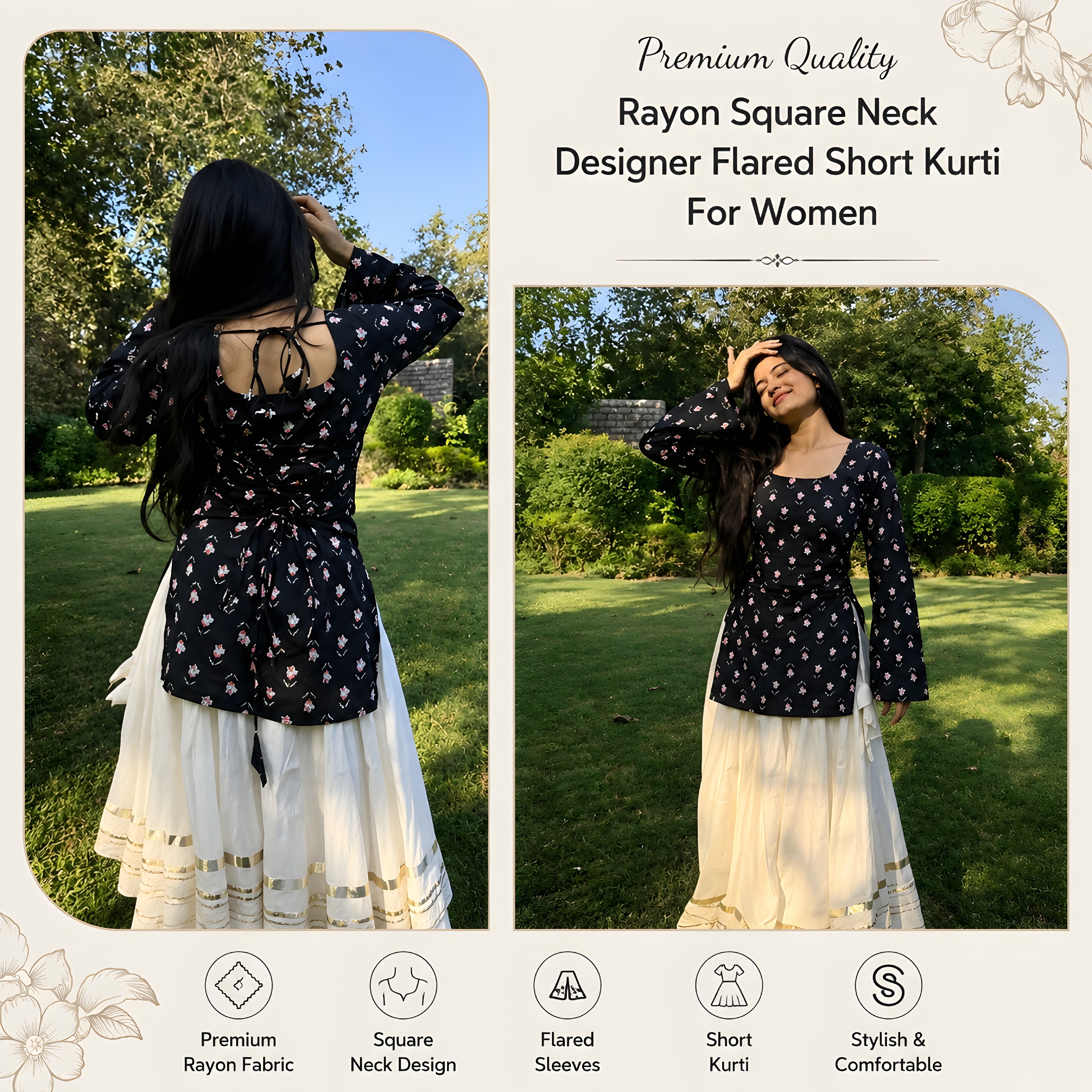 Premium Quality Rayon Square Neck Designer Flared Short Kurti for Women