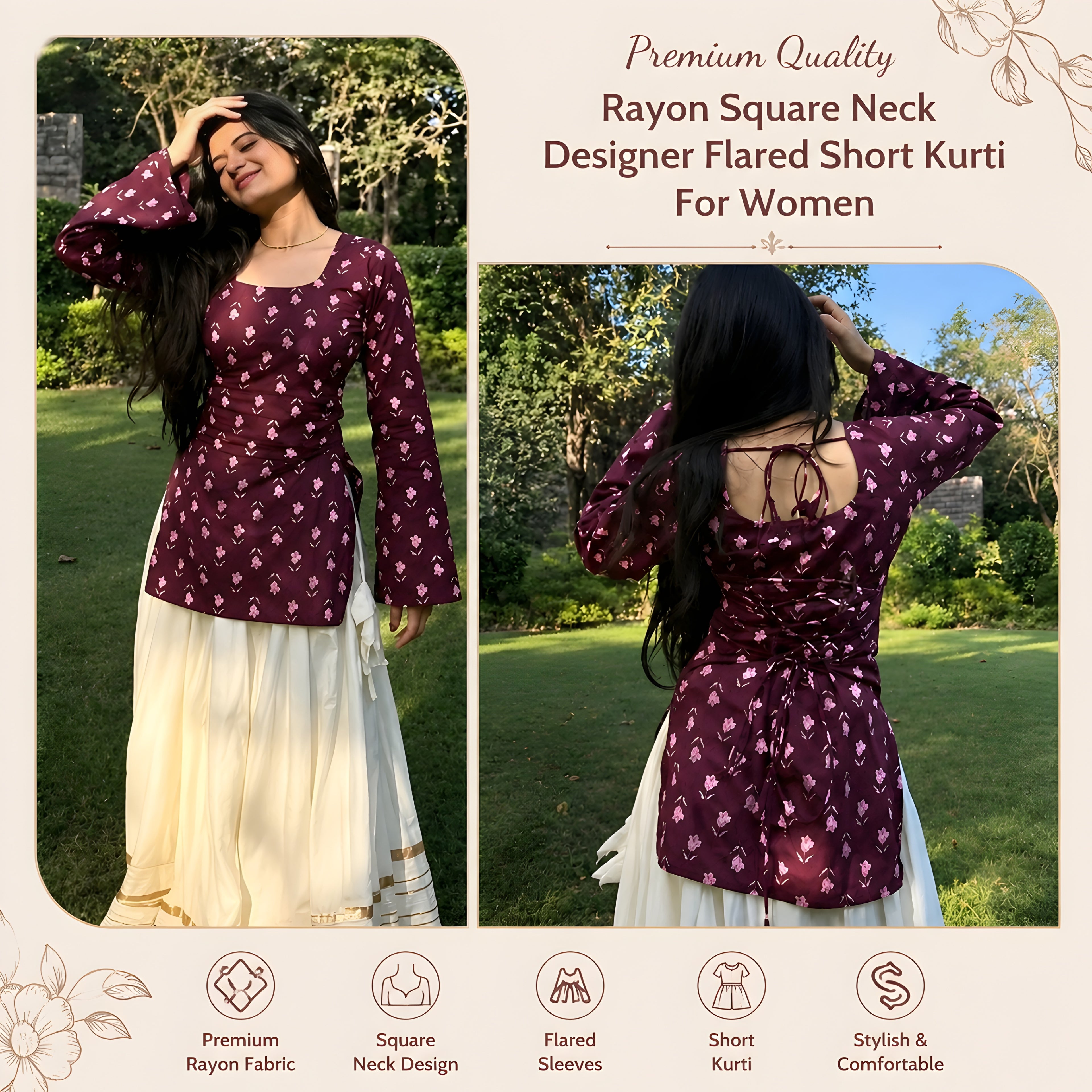 Premium Quality Rayon Square Neck Designer Flared Short Kurti for Women