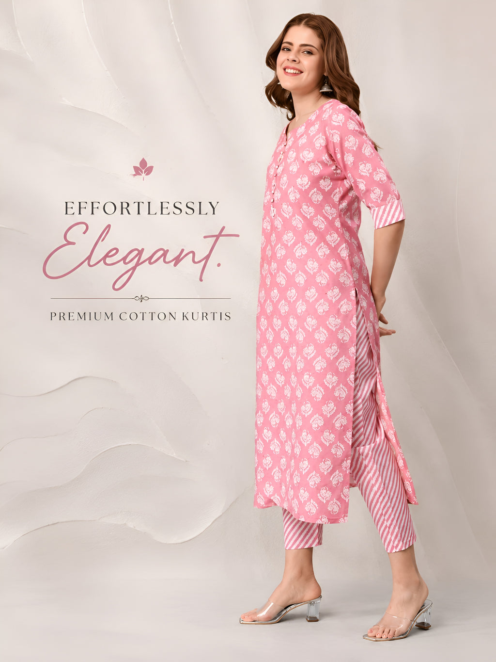 Women’s Premium Rose Pink Cotton Printed Kurti Set | Elegant Ethnic Wear