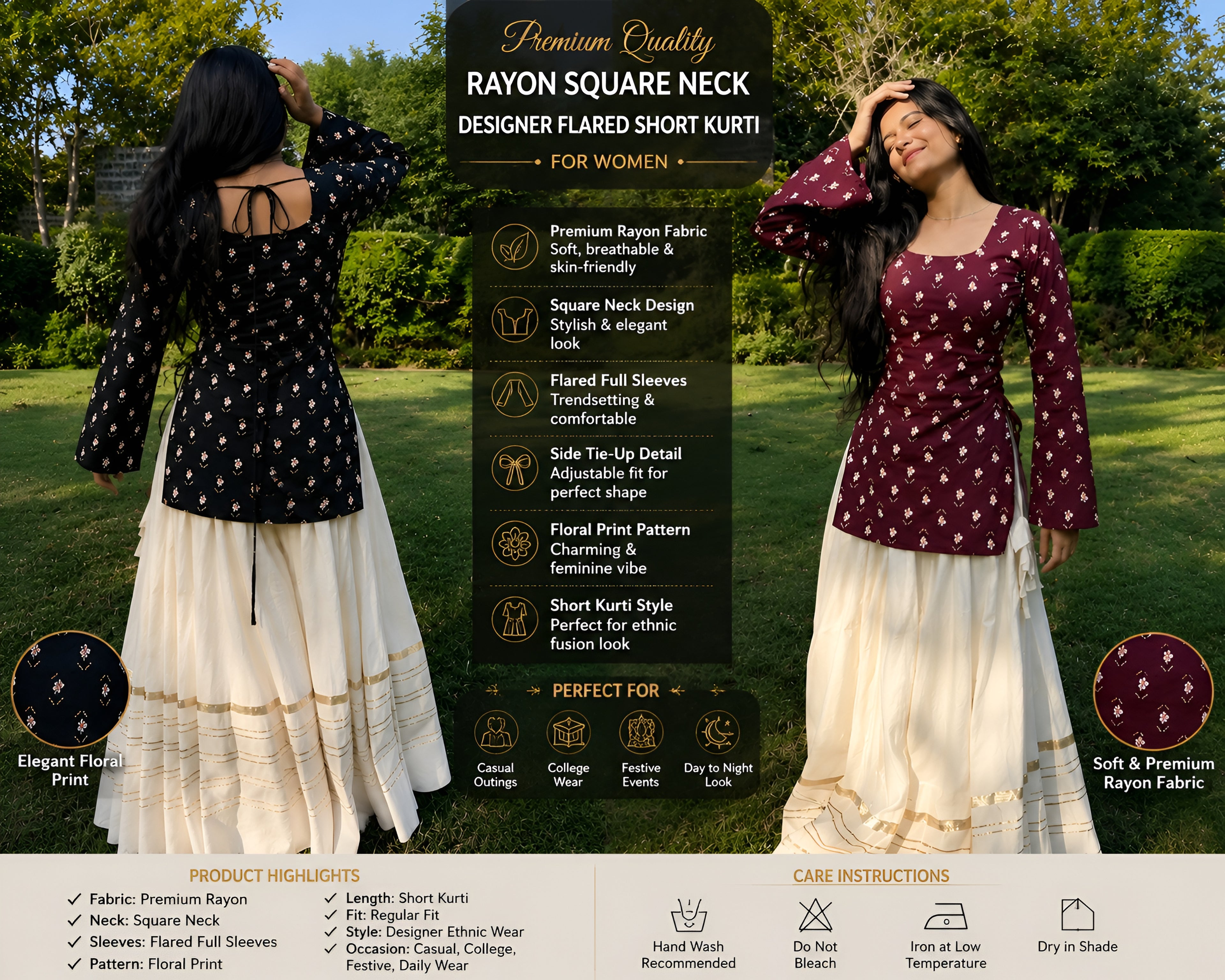 Premium Quality Rayon Square Neck Designer Flared Short Kurti for Women
