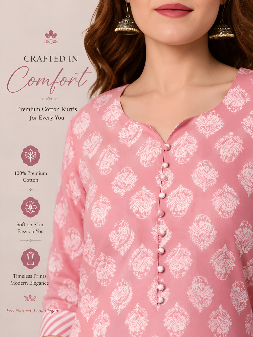 Women’s Premium Rose Pink Cotton Printed Kurti Set | Elegant Ethnic Wear