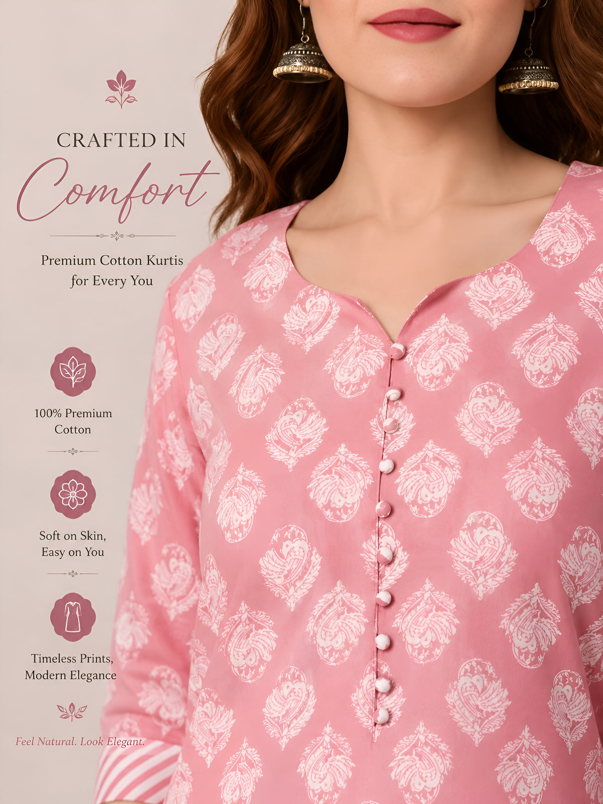 Women’s Premium Rose Pink Cotton Printed Kurti Set | Elegant Ethnic Wear