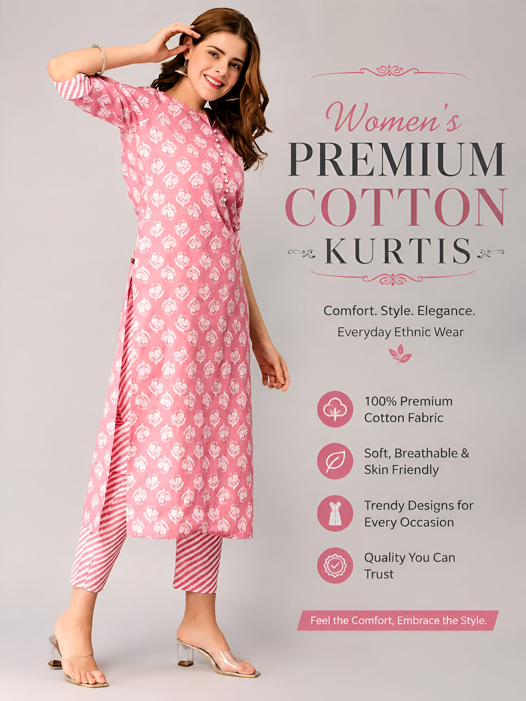 Women’s Premium Rose Pink Cotton Printed Kurti Set | Elegant Ethnic Wear